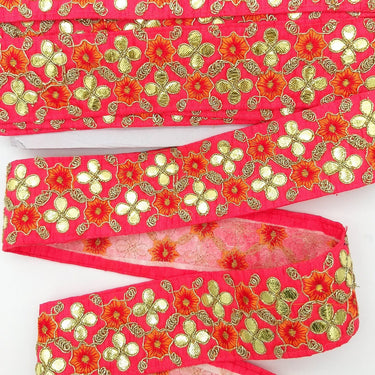Radical Red Art Silk Fabric Trim, Orange & Gold Floral Embroidery Gota Patti Indian Sari Border Trim By Yard Decorative Trim Craft Lace
